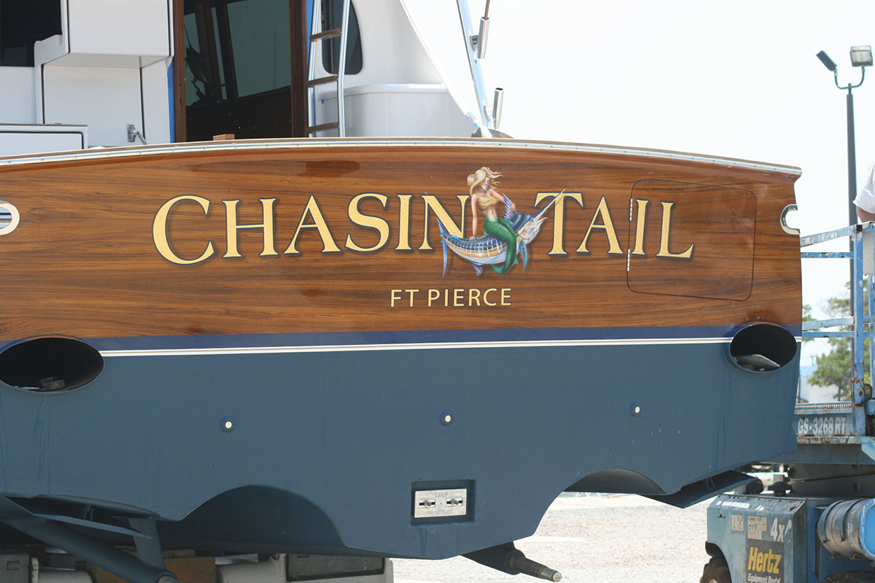 Chasin Tail, Ft Pierce Boat Transom BOATS TRANSOM ARTWORK PAINTING EVERETT NAUTICAL DESIGNS
