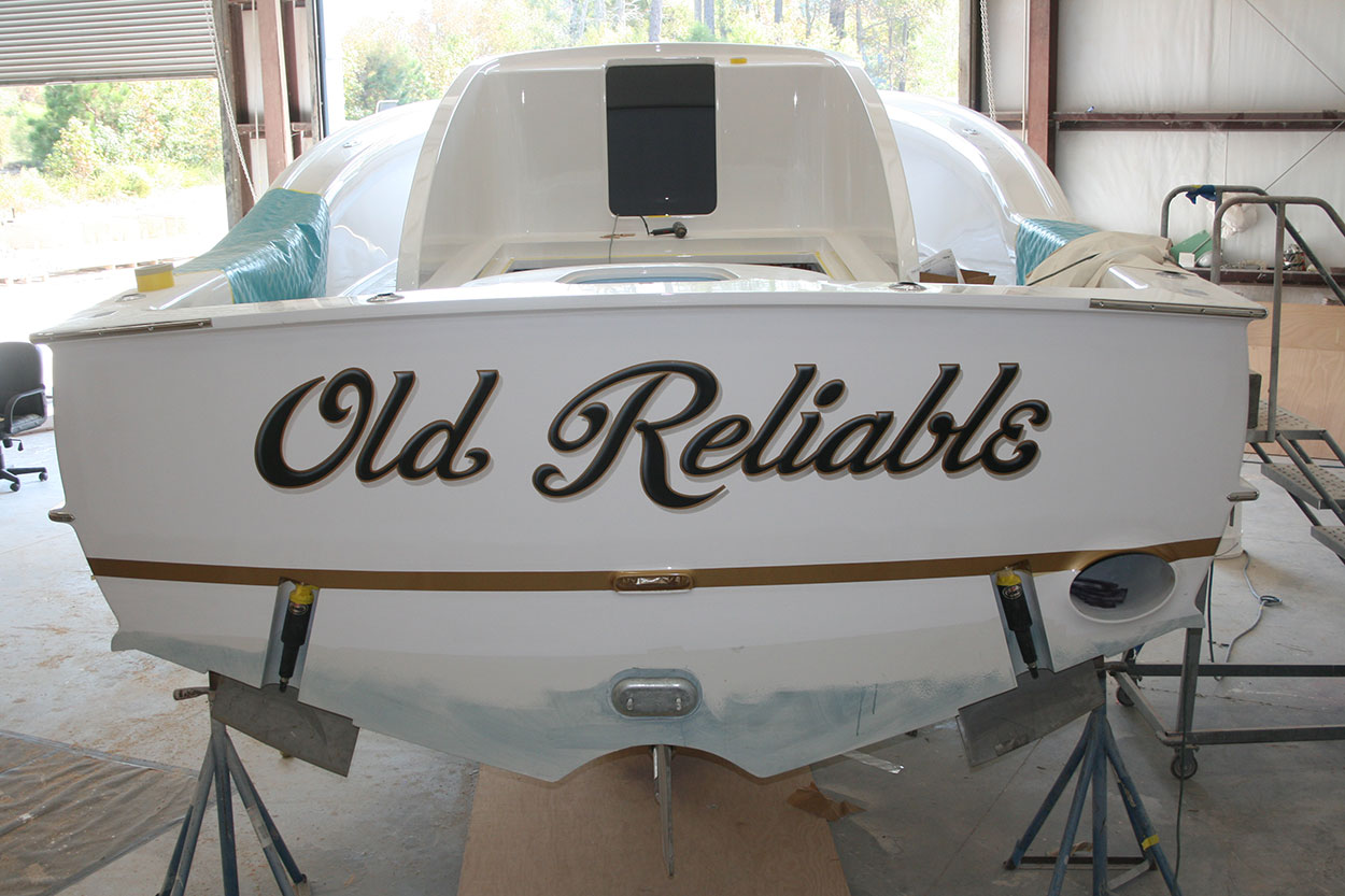 Old Reliable, Winter Custom Yachts Apex North Carolina Boat Transom